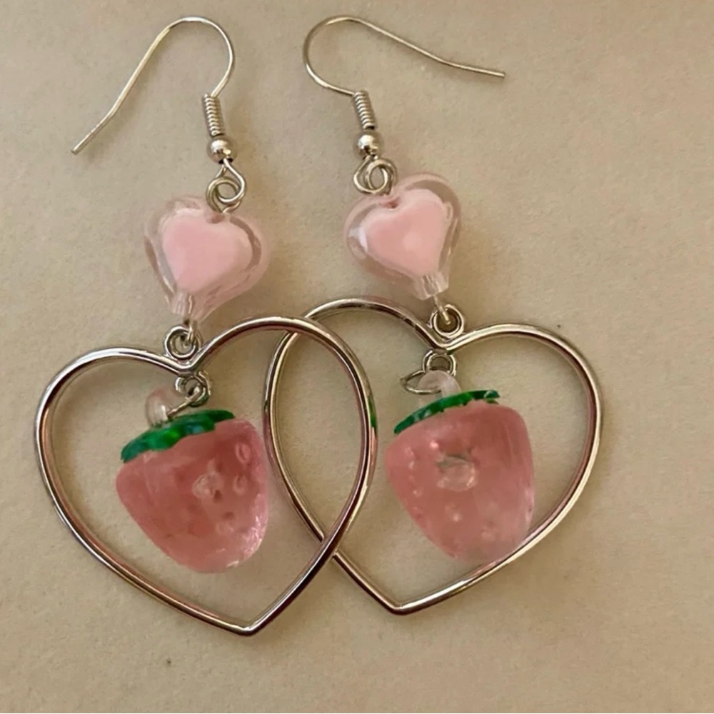 Pink Heart and Strawberry Earrings